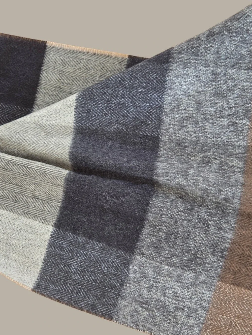 Fraas Plaid Scarf Made in Germany Brown Gray Black Taupe Unisex Fringe 14 x 70